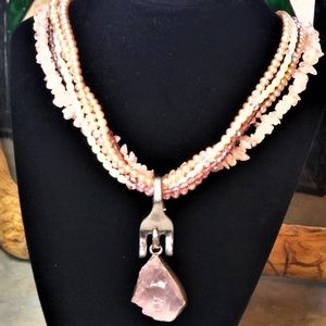 Radiant Rose Quartz Faux Pearl Fork Pendant